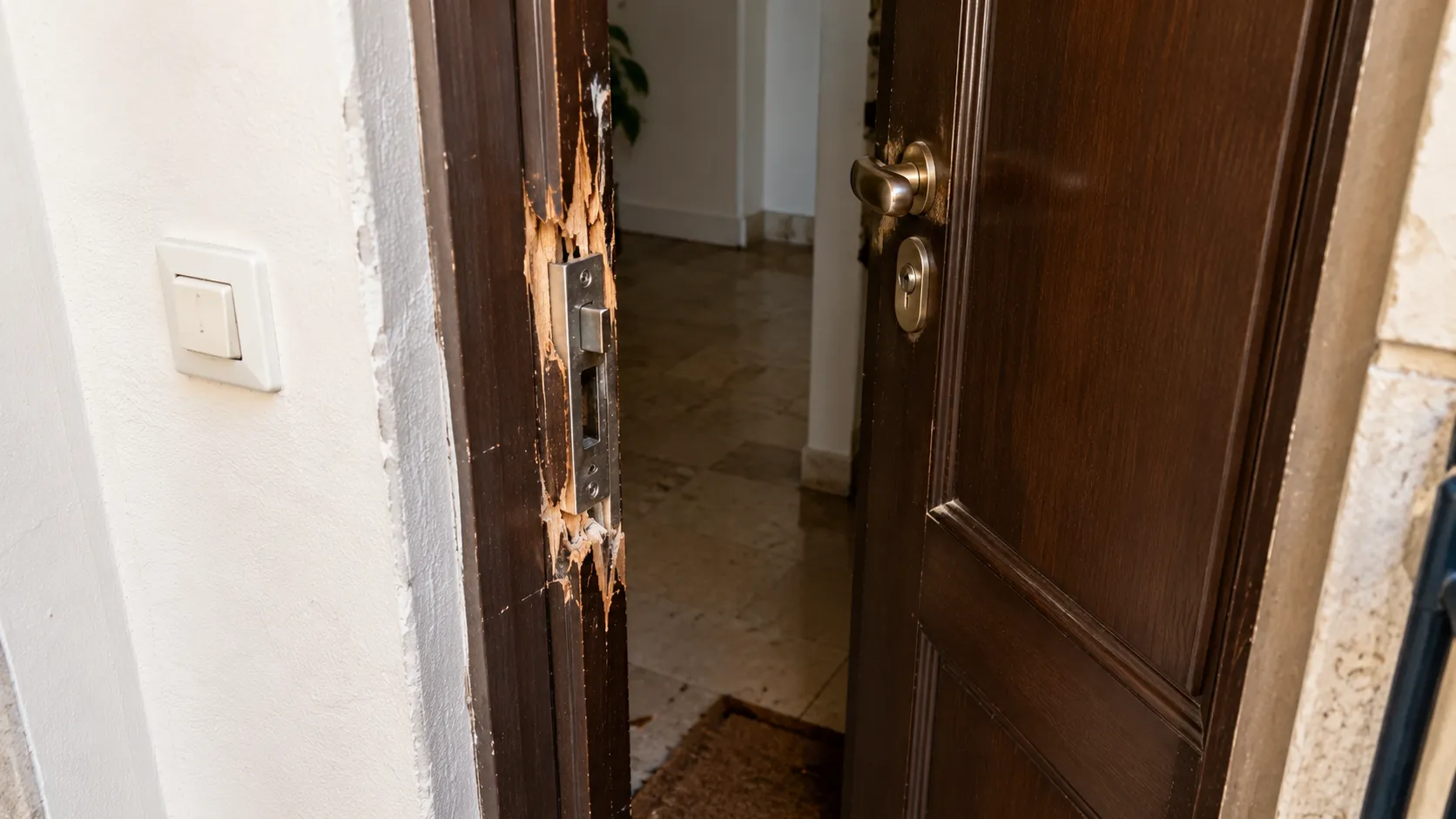 Porte d'appartement endommagée après une effraction