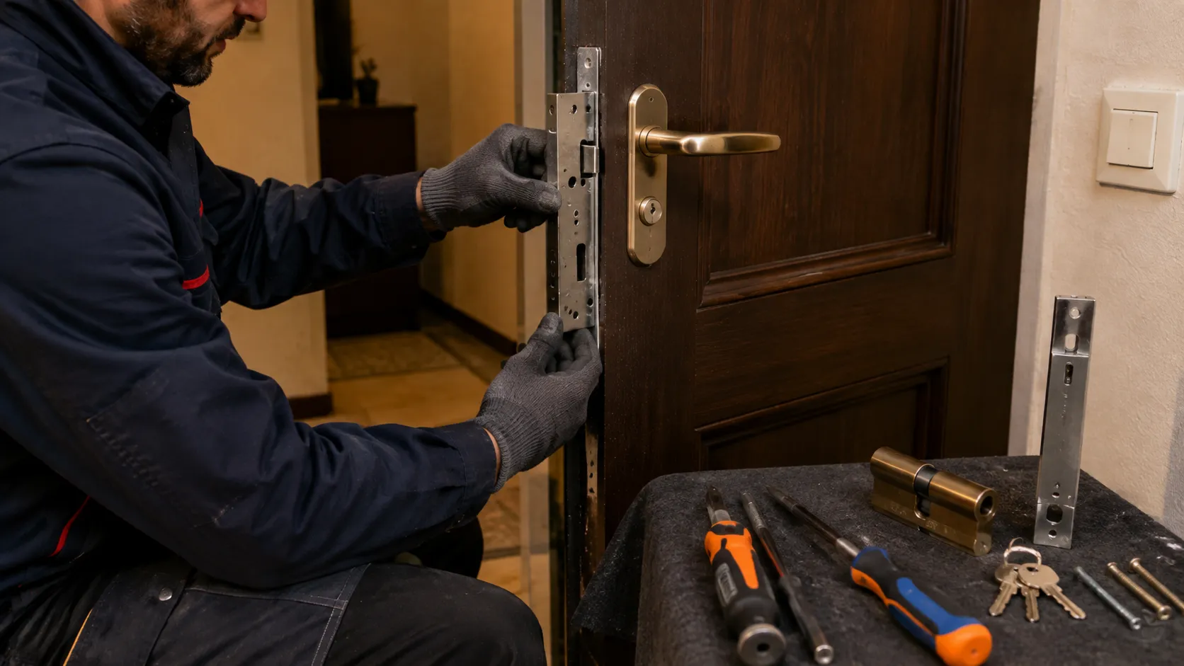 Serrurier installant une nouvelle serrure renforcée après cambriolage