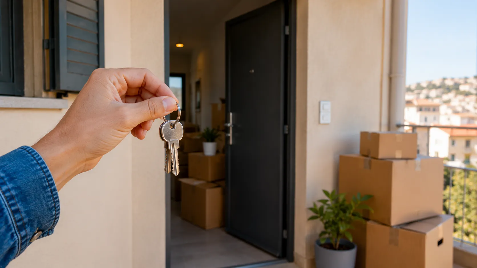 Nouvelles clés devant un appartement avec cartons de déménagement