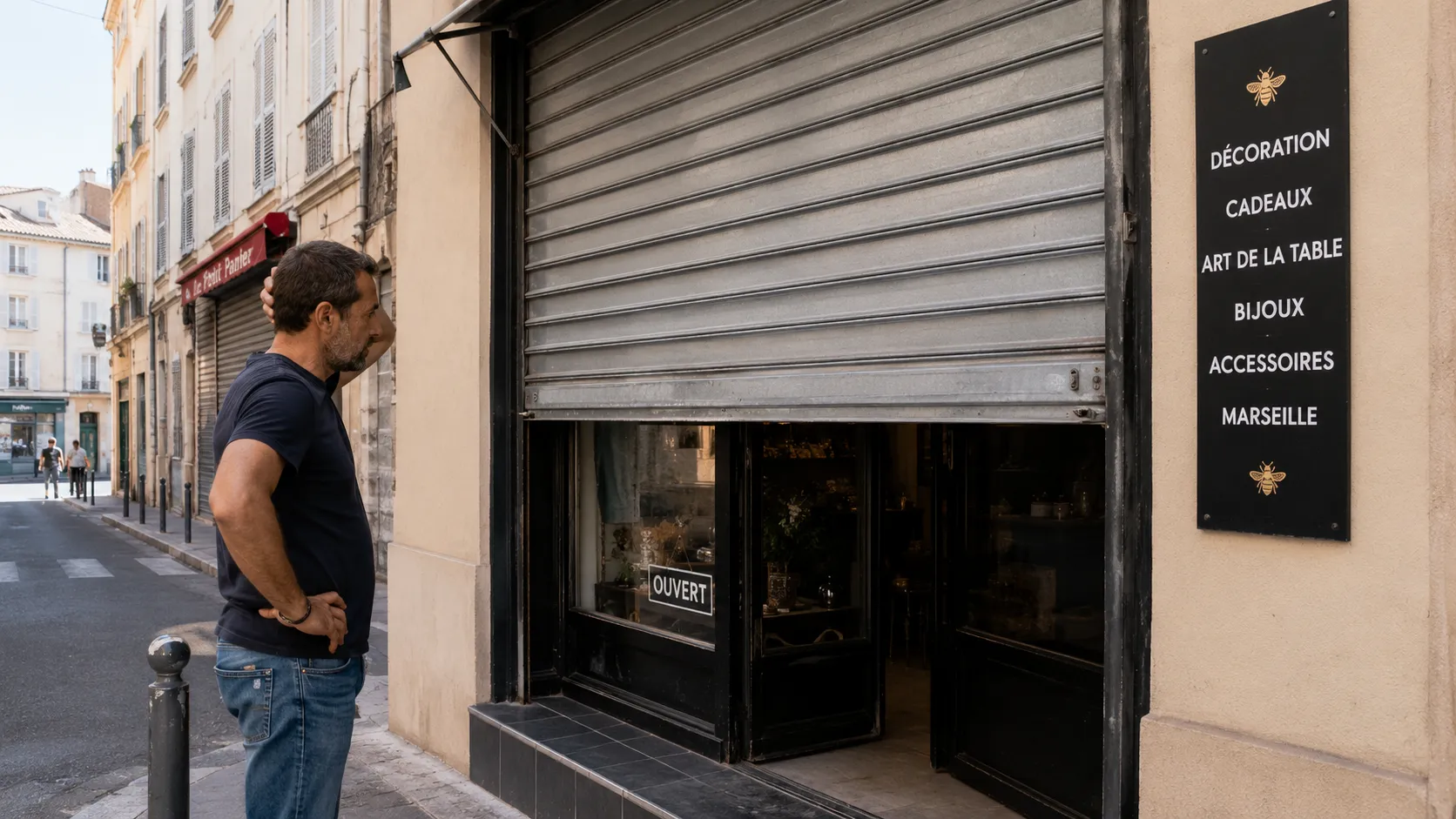 Rideau métallique bloqué à mi-hauteur sur un commerce à Marseille