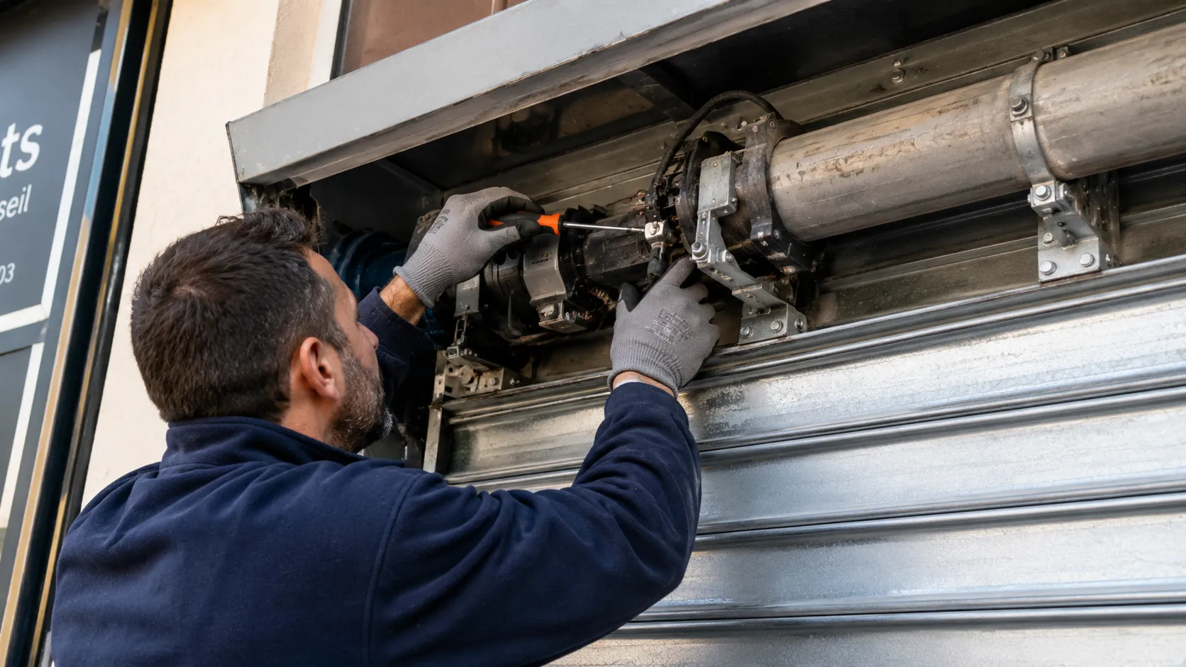 Technicien réparant le moteur d'un rideau métallique